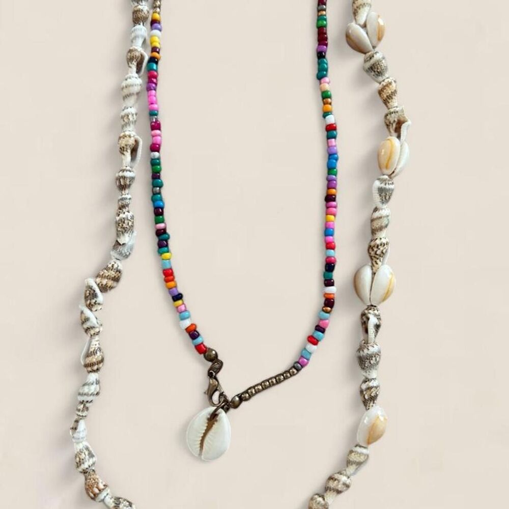 Colorful Beaded & Shell Layered Necklace Set boho beachy